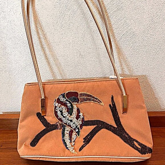 Vintage 1960s New Whimsical Ermo Beaded Toucan purse shoulder bag - camel color - Picture 1 of 9